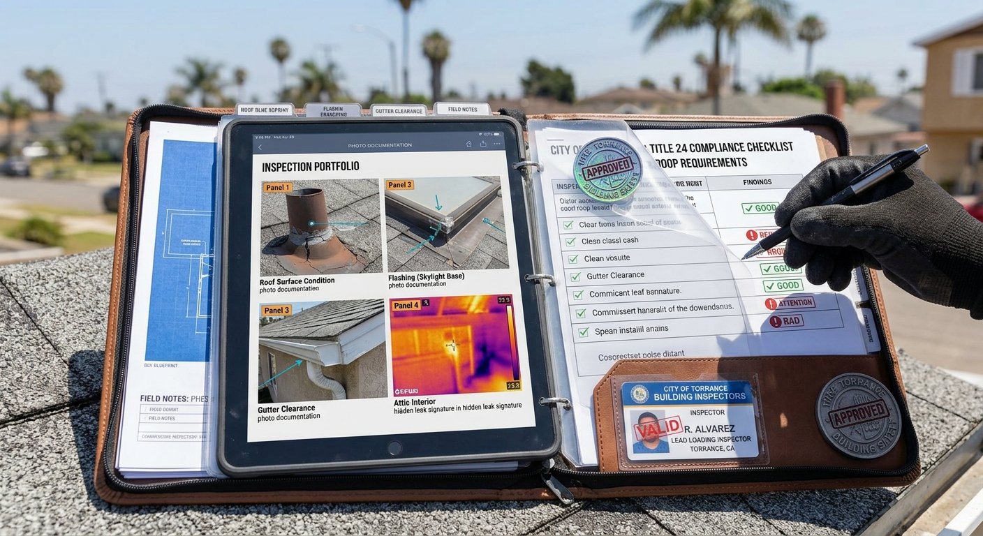 Inspector on roof — Torrance home