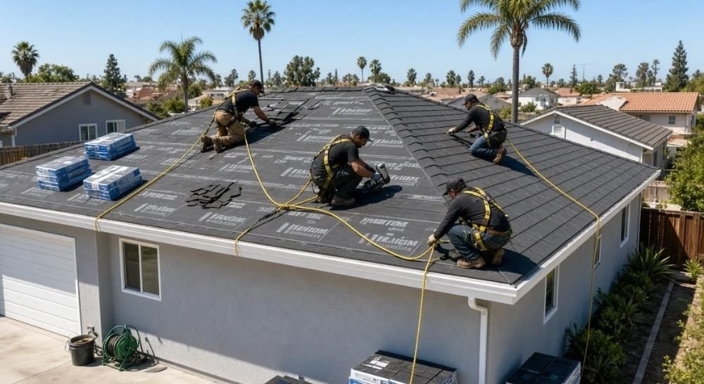 Emergency roofing crew tarping a damaged roof in Torrance CA